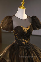 Black Tulle Lace Long Prom Dresses, Black Short Sleeve Prom Dresses