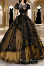 Black Tulle Lace Long Prom Dresses, Black Short Sleeve Evening Dresses