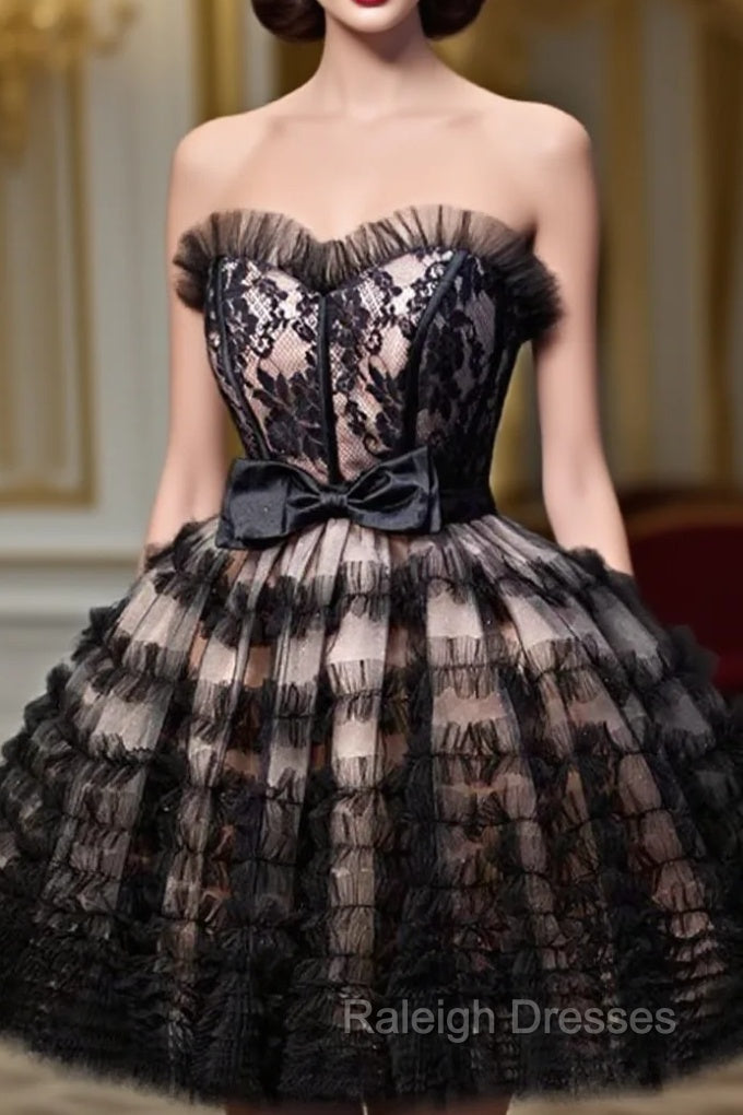 Black Tulle Lace Short Prom Dress, A-Line Black Homecoming Dress