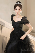Black Tulle Lace Short Sleeve Floor Length Prom Dress, Black A-Line Evening Party Dress