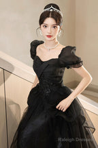 Black Tulle Lace Short Sleeve Floor Length Prom Dresses Black A-Line Prom Dresses