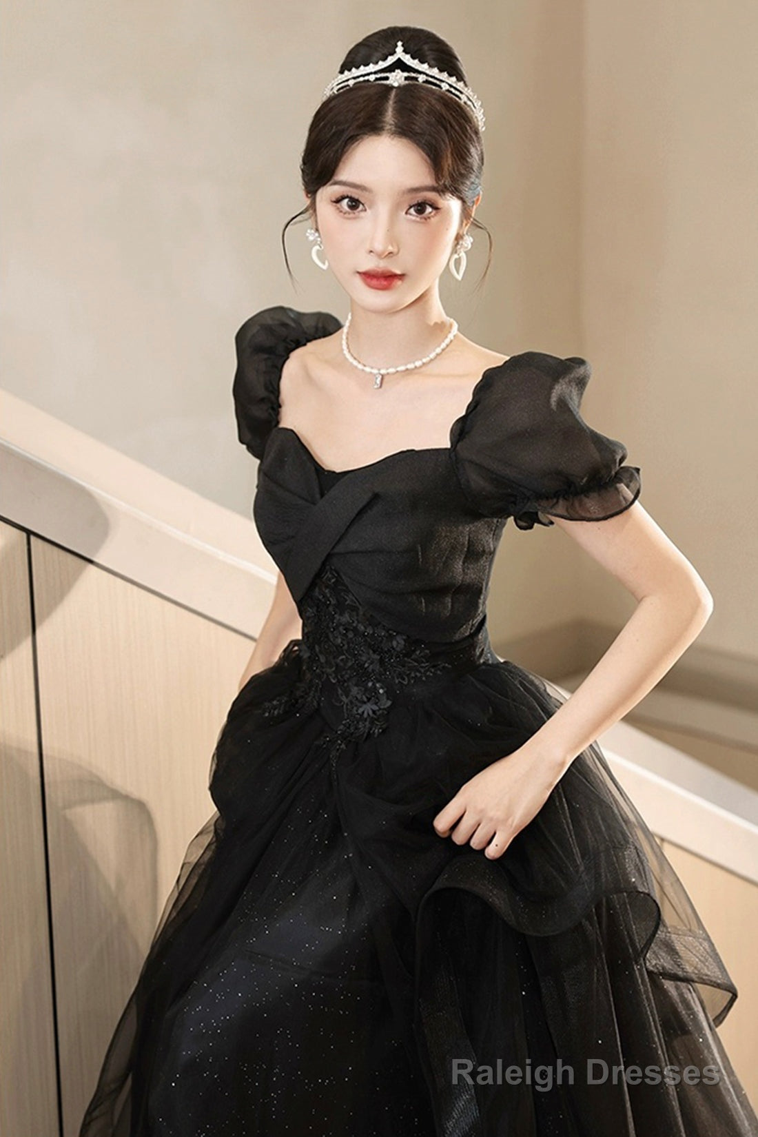 Black Tulle Lace Short Sleeve Floor Length Prom Dresses Black A-Line Prom Dresses