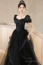 Black Tulle Lace Short Sleeve Floor Length Prom Dresses Black A-Line Prom Dresses