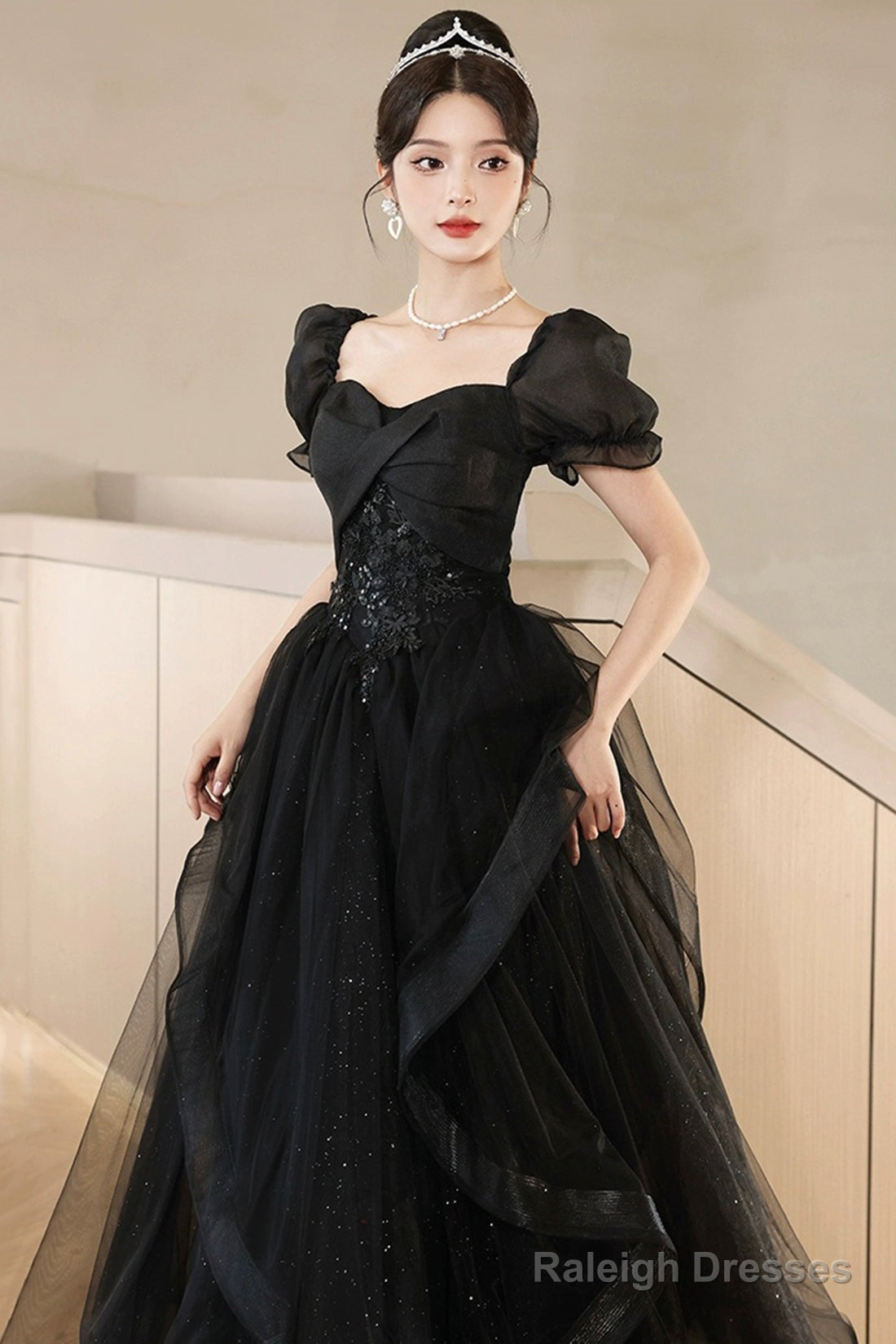 Black Tulle Lace Short Sleeve Floor Length Prom Dresses Black A-Line Prom Dresses