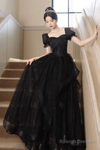 Black Tulle Lace Short Sleeve Floor Length Prom Dress, Black A-Line Evening Party Dress