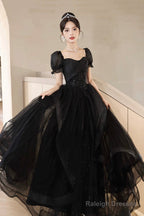 Black Tulle Lace Short Sleeve Floor Length Prom Dresses Black A-Line Prom Dresses