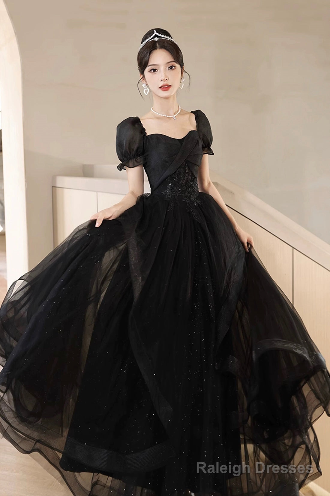 Black Tulle Lace Short Sleeve Floor Length Prom Dresses Black A-Line Prom Dresses