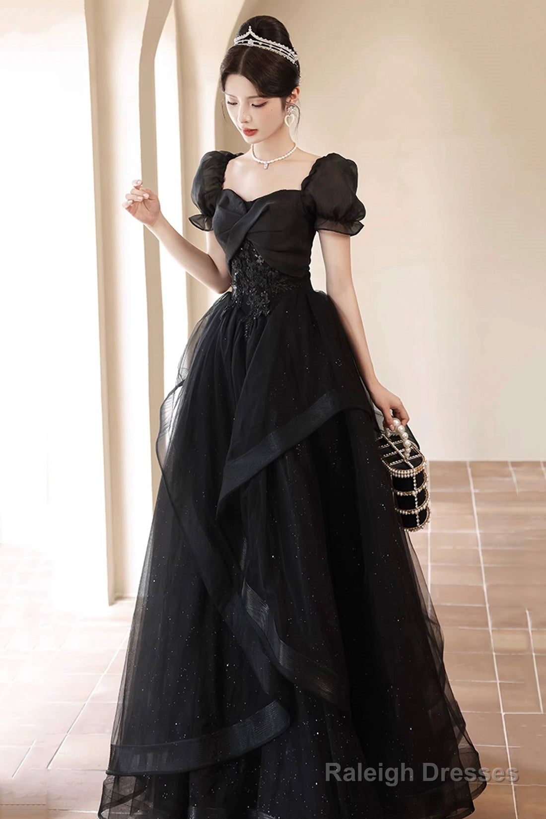 Black Tulle Lace Short Sleeve Floor Length Prom Dress, Black A-Line Evening Party Dress