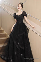 Black Tulle Lace Short Sleeve Floor Length Prom Dress, Black A-Line Evening Party Dress