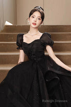 Black Tulle Lace Short Sleeve Floor Length Prom Dresses Black A-Line Prom Dresses