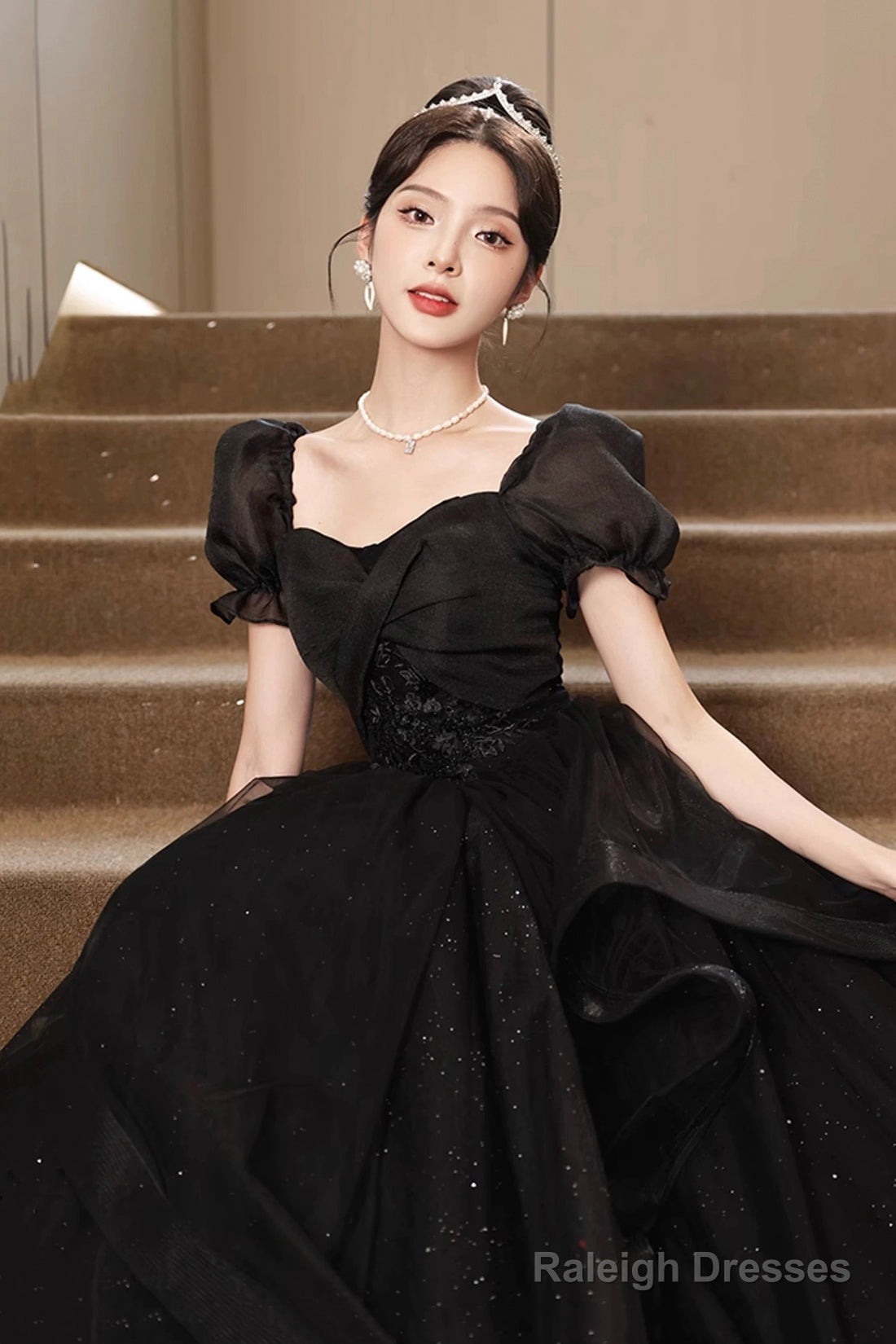 Black Tulle Lace Short Sleeve Floor Length Prom Dresses Black A-Line Prom Dresses