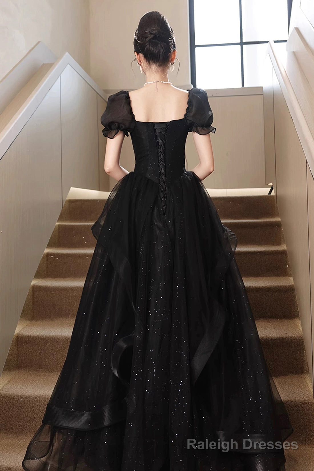 Black Tulle Lace Short Sleeve Floor Length Prom Dresses Black A-Line Prom Dresses