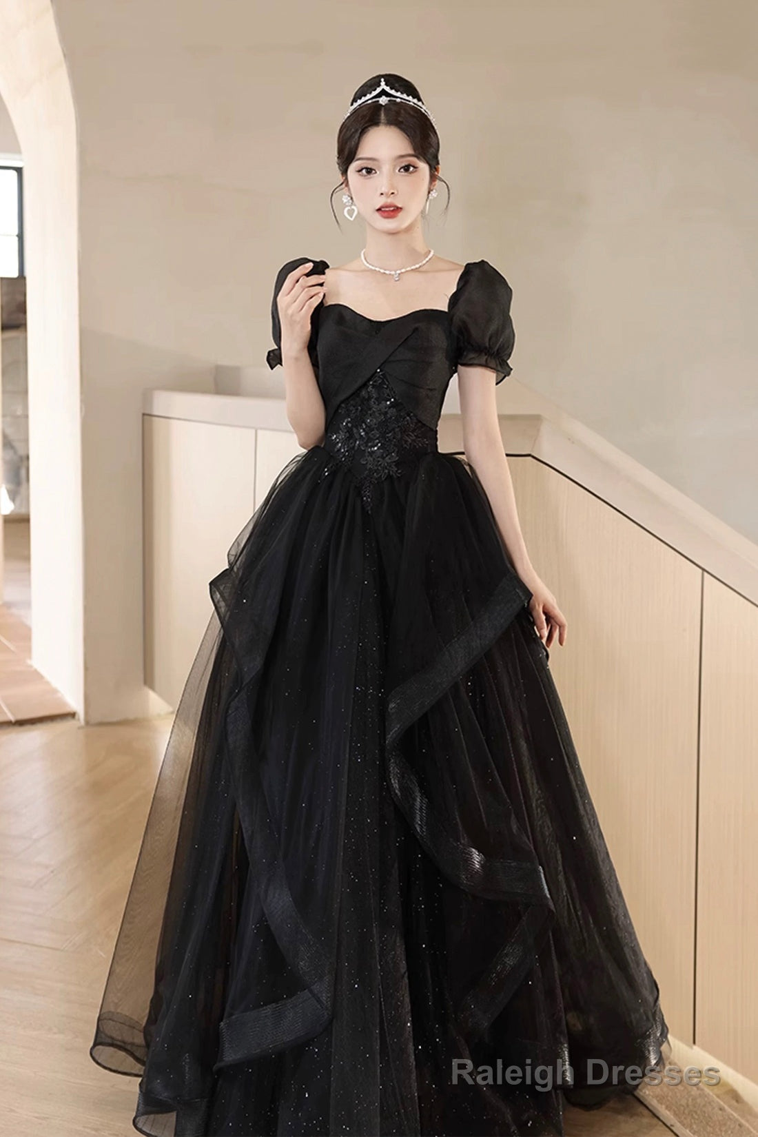 Black Tulle Lace Short Sleeve Floor Length Prom Dress, Black A-Line Evening Party Dress Main image