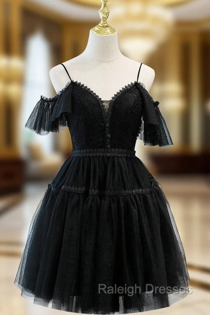 Black Tulle Lace Spaghetti Straps Button Homecoming Dress