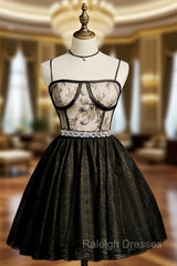 Black Tulle Lace Spaghetti Straps Crystal Homecoming Dress