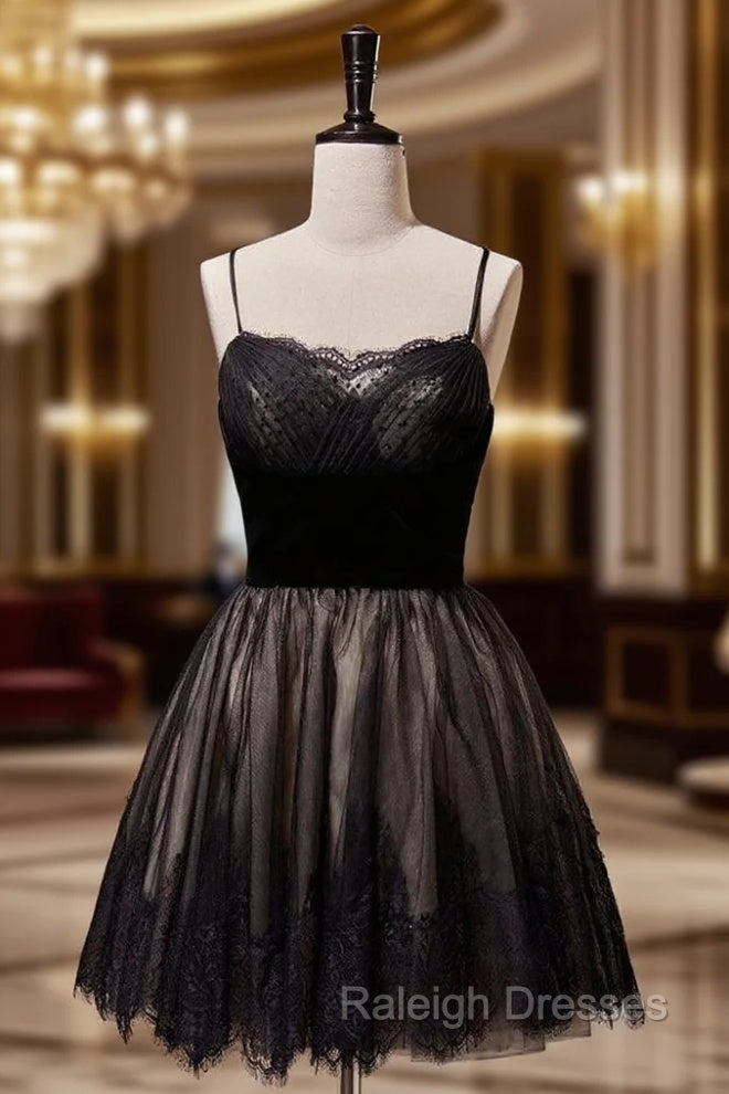 Black Tulle Lace Spaghetti Straps Homecoming Dress