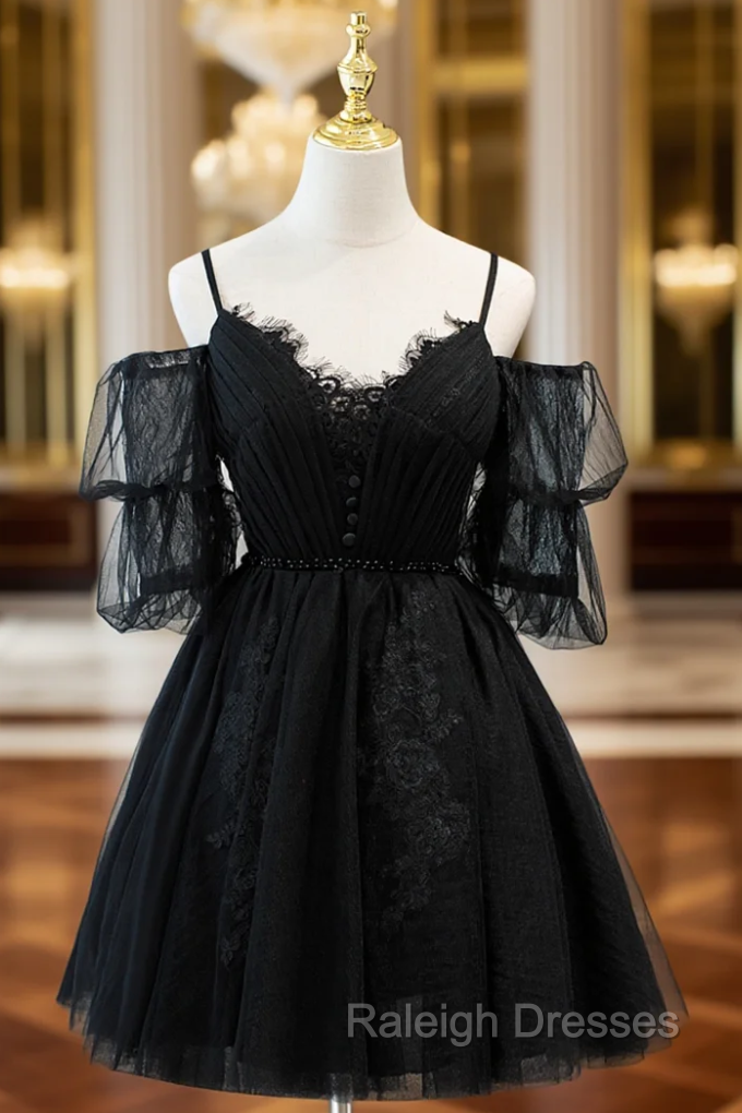 Black Tulle Lace Spaghetti Straps Pleats Homecoming Dress Main image