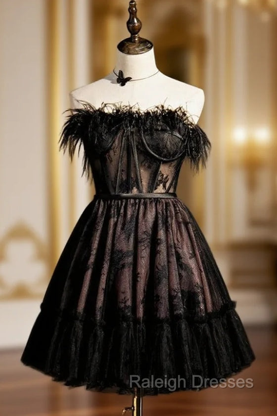 Black Tulle Lace Strapless Feather Homecoming Dress Main image