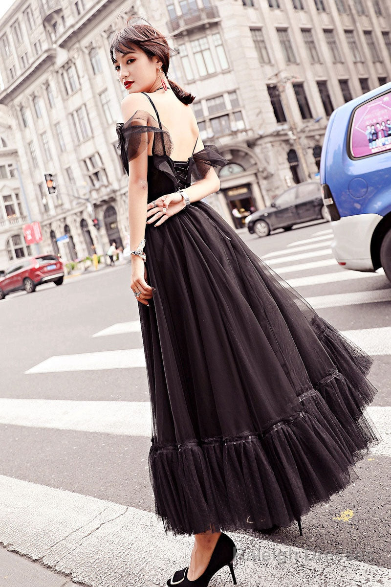 Black Tulle Lace Tea Length Prom Dress, Lace Tulle Evening Dress Secondary image