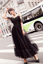 Black Tulle Lace Tea Length Prom Dress, Lace Tulle Evening Dress