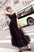 Black Tulle Lace Tea Length Prom Dresses Lace Tulle Prom Dresses