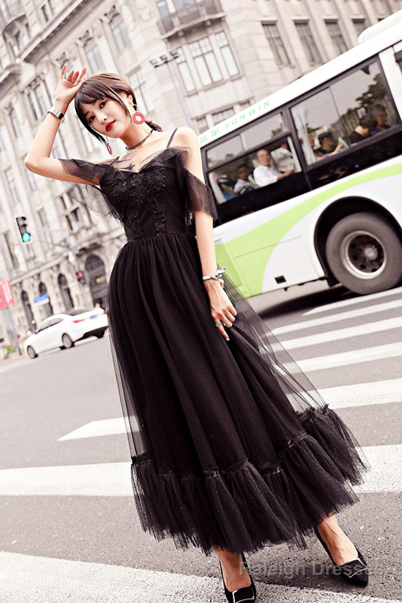Black Tulle Lace Tea Length Prom Dresses Lace Tulle Prom Dresses