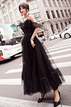 Black Tulle Lace Tea Length Prom Dress, Lace Tulle Evening Dress