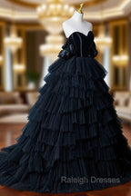 Black Tulle Layers Long Formal Dress, Black A-Line Strapless Evening Dress