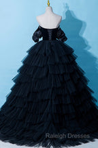 Black Tulle Layers Long Formal Dress, Black A-Line Strapless Evening Dress