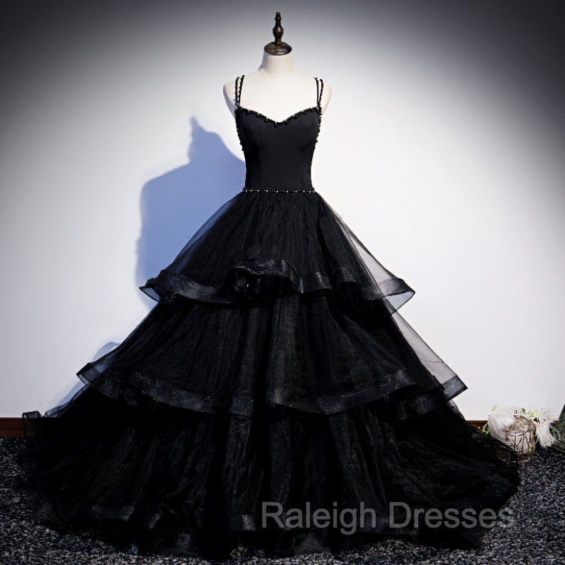 Black Tulle Layers Straps Beaded Long Prom Dress, Black Formal Dress Prom Dress