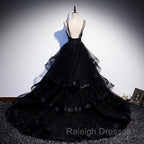 Black Tulle Layers Straps Beaded Long Prom Dress, Black Formal Dress Prom Dress