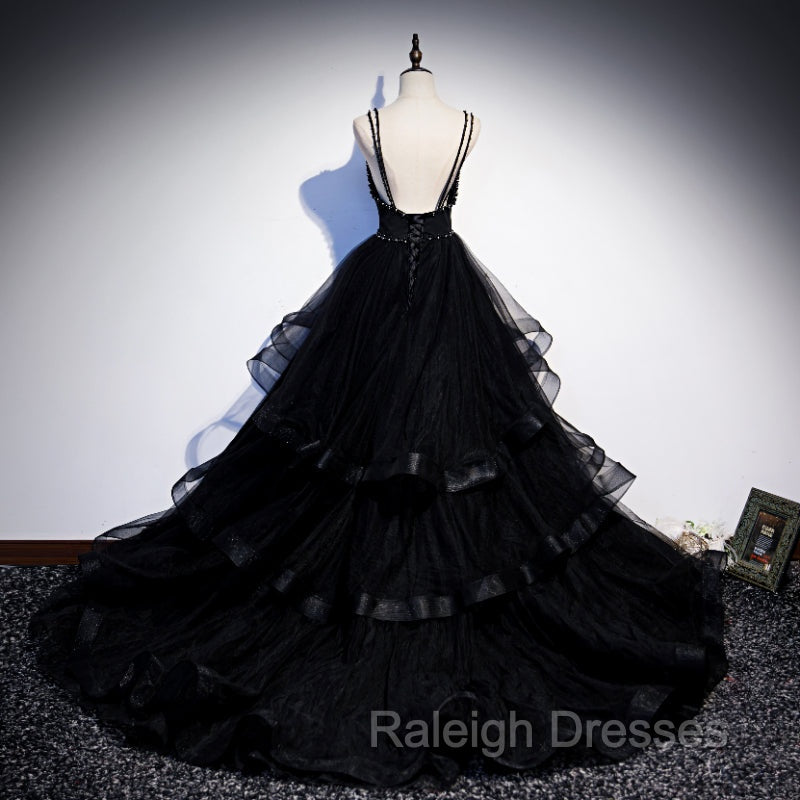 Black Tulle Layers Straps Beaded Long Prom Dress, Black Formal Dress Prom Dress