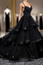 Black Tulle Layers Straps Beaded Long Prom Dress, Black Formal Dress Prom Dress