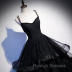 Black Tulle Layers Straps Beaded Long Prom Dress, Black Formal Dress Prom Dress