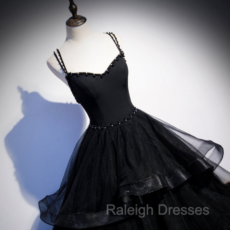 Black Tulle Layers Straps Beaded Long Prom Dress, Black Formal Dress Prom Dress