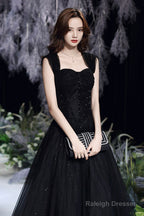 Black Tulle Long A-Line Evening Dress, Black Sweetheart Neck Prom Dress