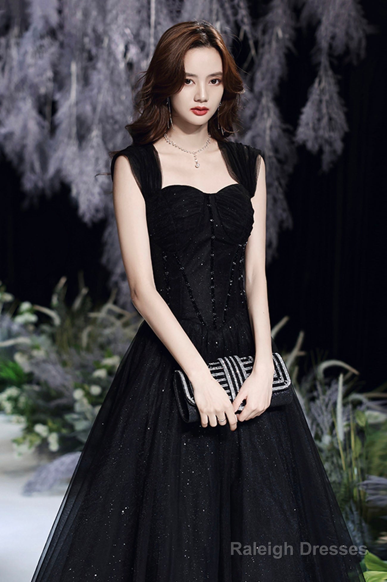 Black Tulle Long A-Line Evening Dress, Black Sweetheart Neck Prom Dress