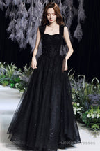 Black Tulle Long A-Line Evening Dress, Black Sweetheart Neck Prom Dress