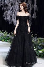Black Tulle Long A-Line Evening Dress, Black Sweetheart Neck Prom Dress