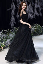 Black Tulle Long A-Line Evening Dress, Black Sweetheart Neck Prom Dress