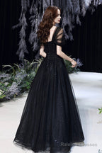 Black Tulle Long A-Line Evening Dress, Black Sweetheart Neck Prom Dress