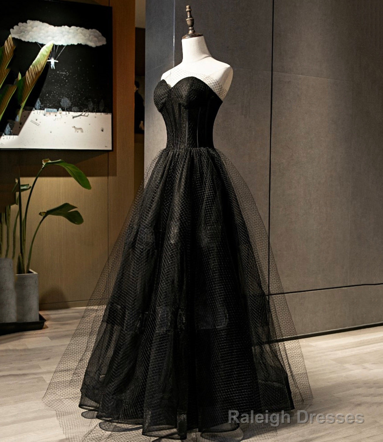 Black Tulle Long A-Line Prom Dresses Black Prom Dresses