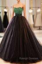 Black Tulle Long Formal Dress with Green Beaded, Black Strapless Prom Dress
