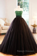 Black Tulle Long Formal Dress with Green Beaded, Black Strapless Prom Dress