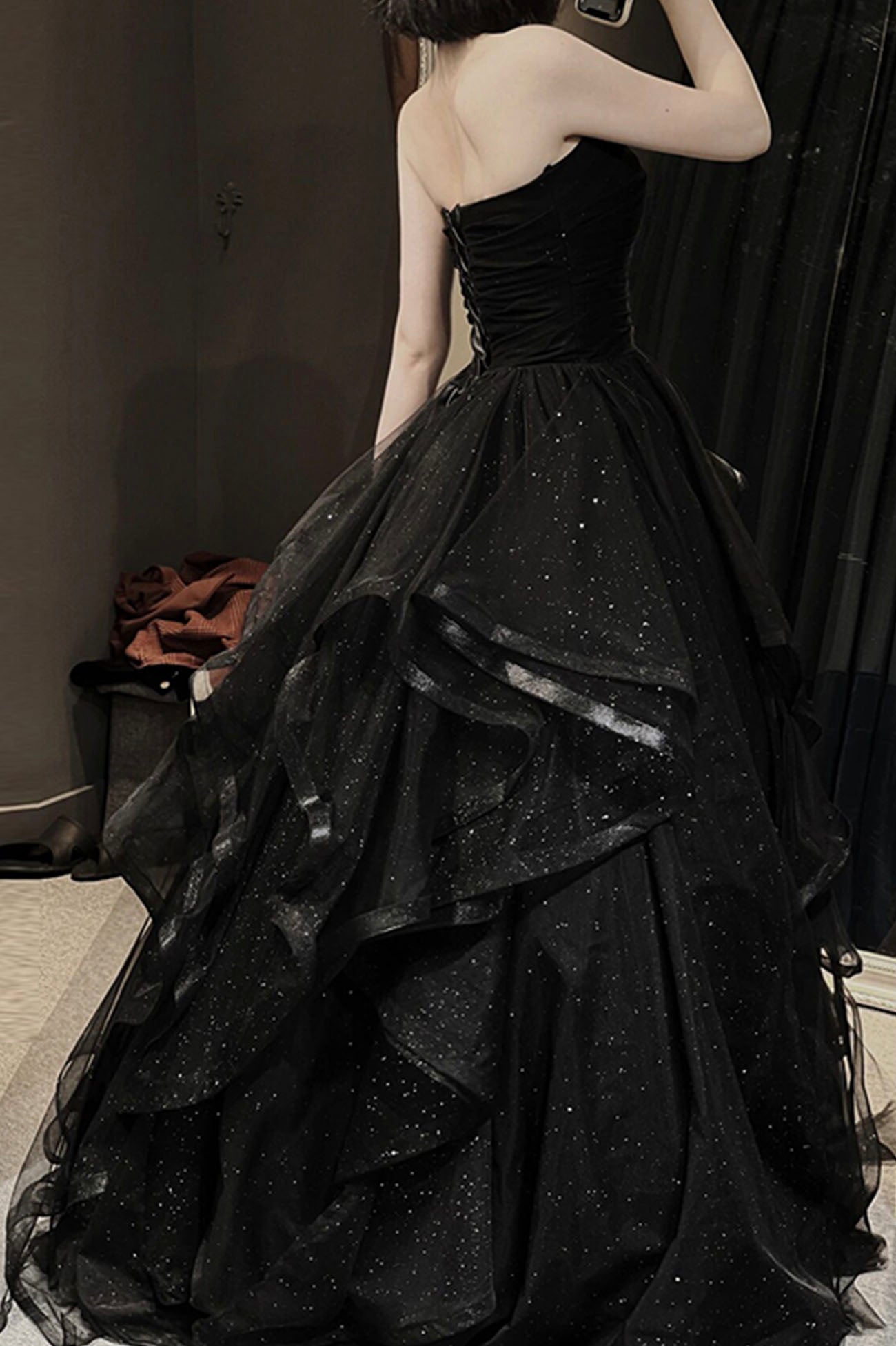 Black Tulle Layers Long A-Line Prom Dresses Black Strapless Prom Dresses