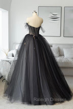 Black Tulle Long Prom Dress, Black A-Line Strapless Evening Dress