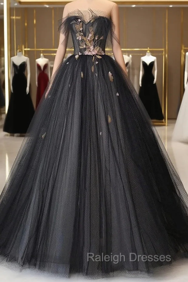 Black Tulle Long Prom Dress, Black A Line Strapless Prom Dress Main image
