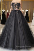 Black Tulle Long Prom Dress, Black A Line Strapless Prom Dress
