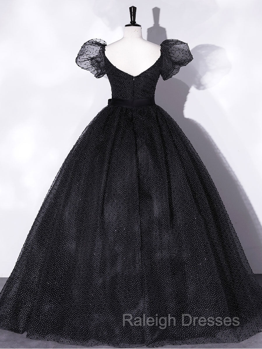 Black Tulle Long Prom Dress, Black Puff Sleeves Long Sweet 16 Dress Secondary image