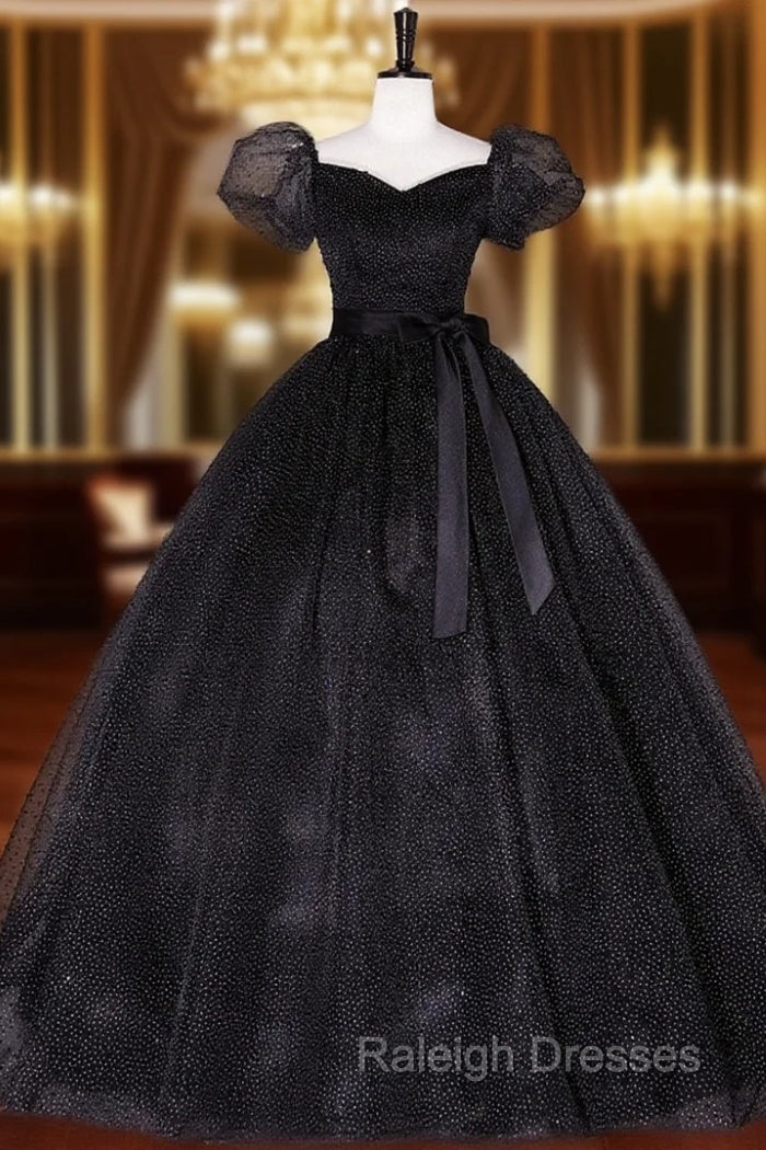 Black Tulle Long Prom Dress, Black Puff Sleeves Long Sweet 16 Dress Main image